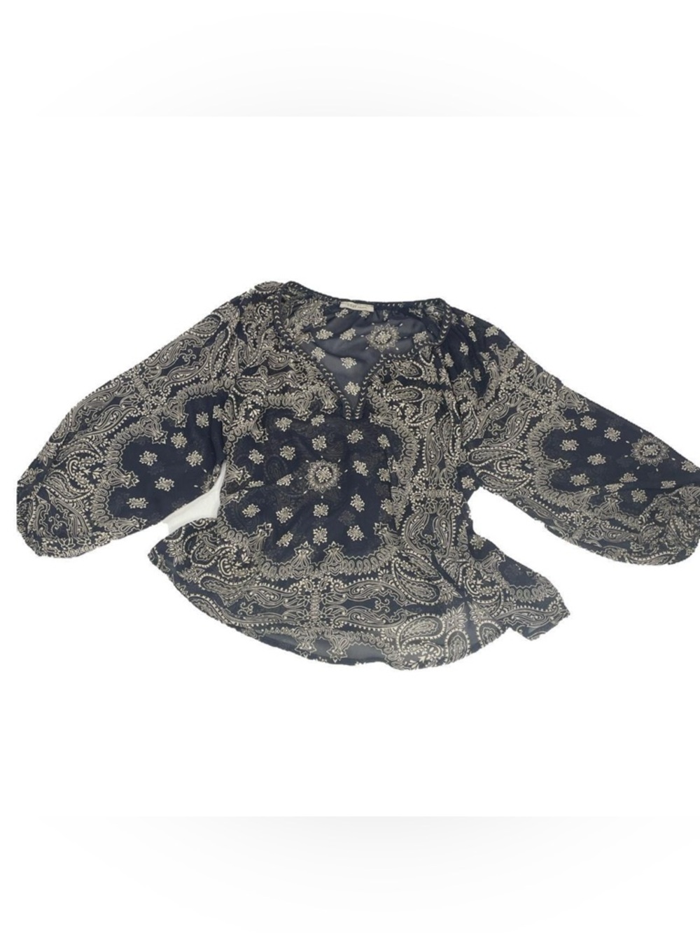Navy Sheer Paisley Boho Blouse Flowy Bandana Print Top Cozy Casual